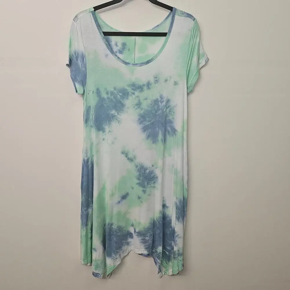 Women's Tie Dye Summer Dress Blue Green Shark Bite Hem Size M Boho Beach Tunic